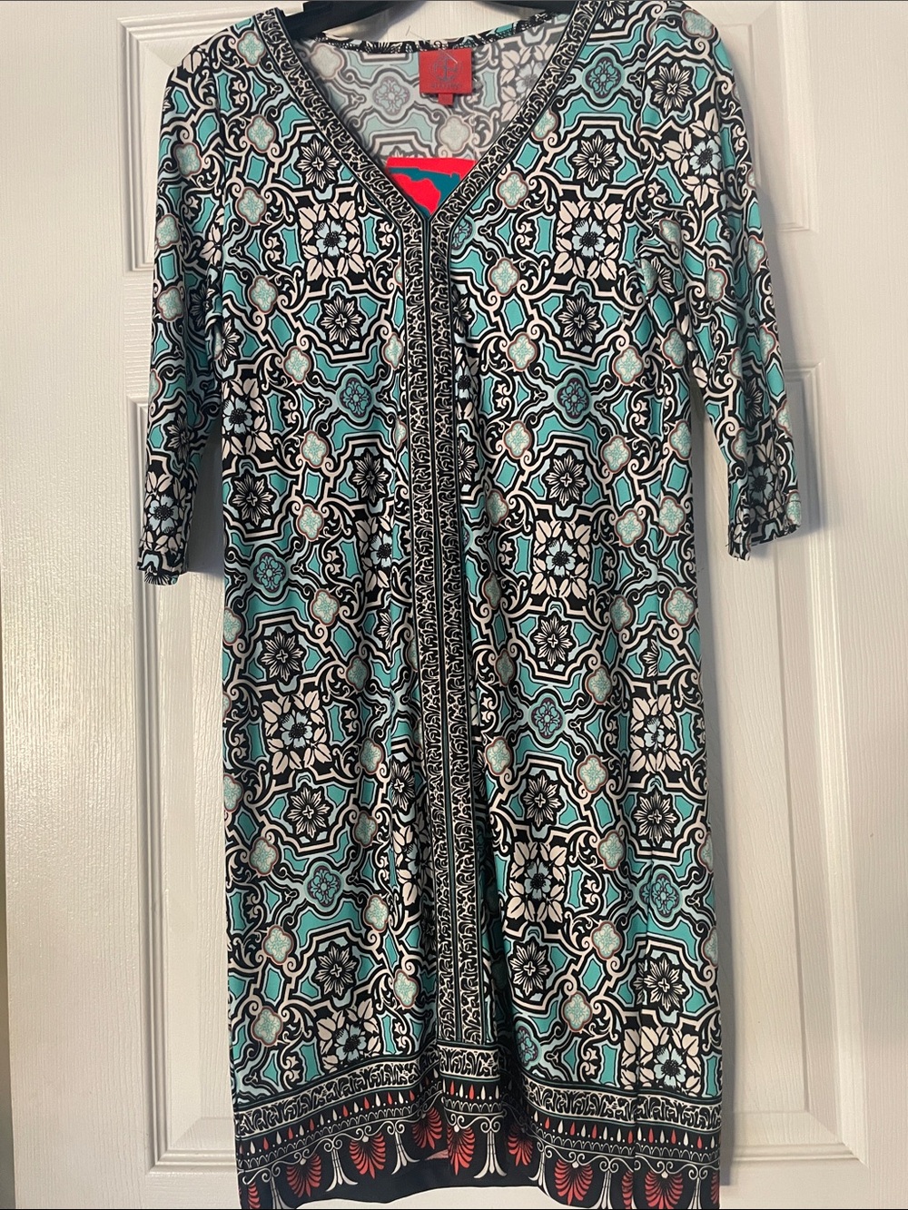 Tracy Negoshian Teal, Black & White Geometric Midi Dress XS